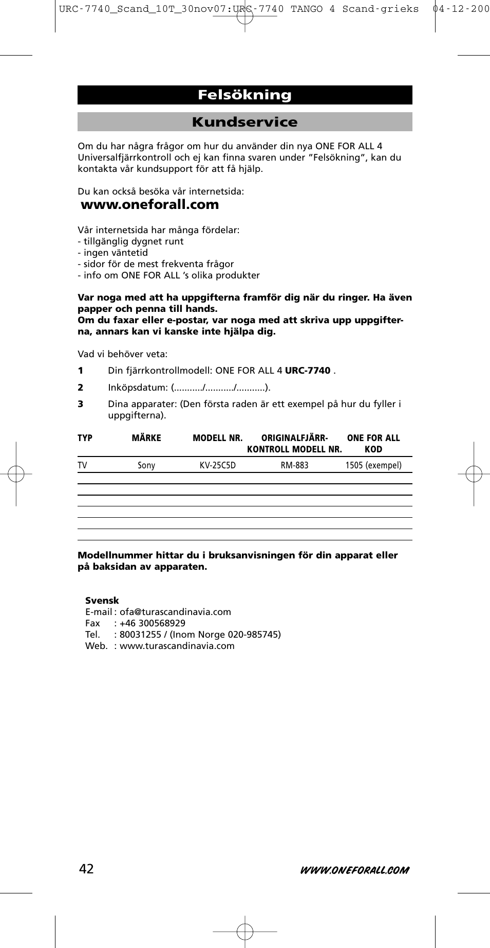 Kundservice, Felsökning | One for All URC-7740 User Manual | Page 42 / 118