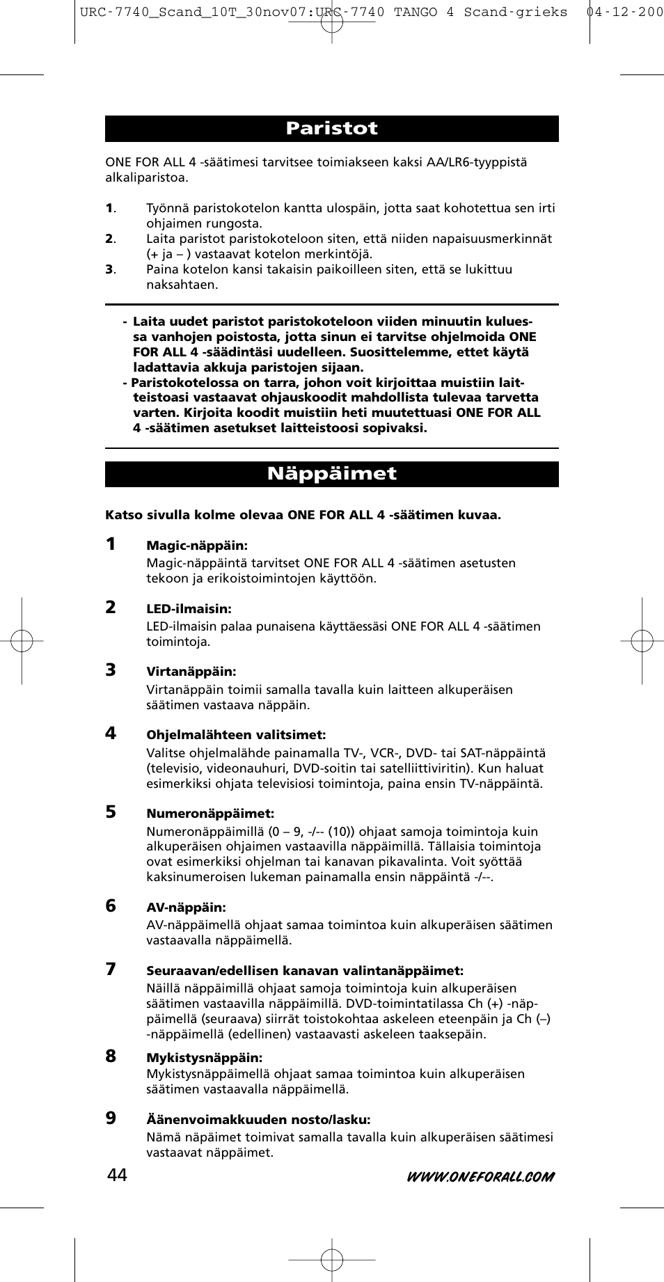 Paristot, Näppäimet | One for All URC-7740 User Manual | Page 44 / 118