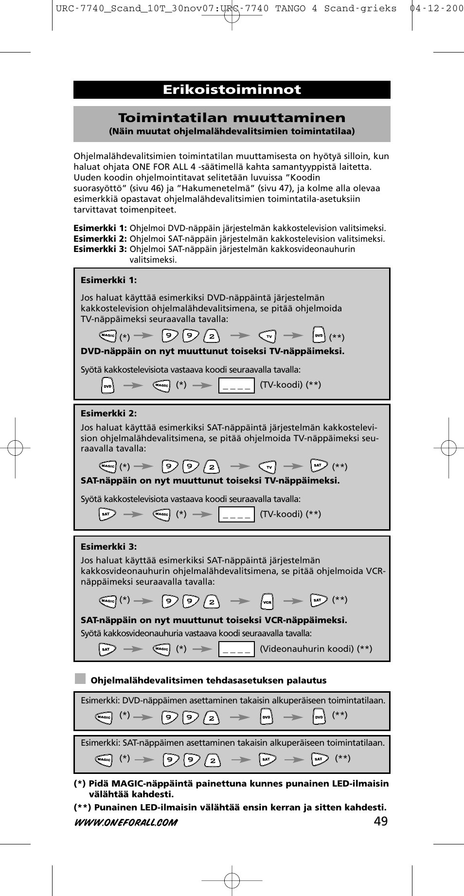 Erikoistoiminnot toimintatilan muuttaminen | One for All URC-7740 User Manual | Page 49 / 118