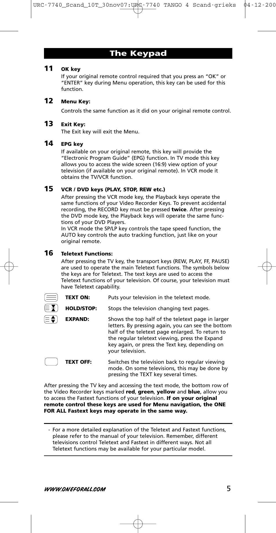 The keypad | One for All URC-7740 User Manual | Page 5 / 118