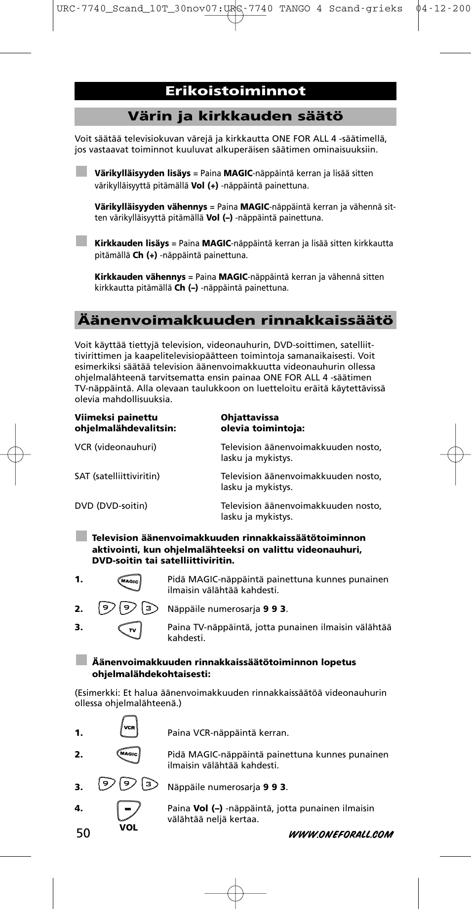 Äänenvoimakkuuden rinnakkaissäätö, Erikoistoiminnot värin ja kirkkauden säätö | One for All URC-7740 User Manual | Page 50 / 118