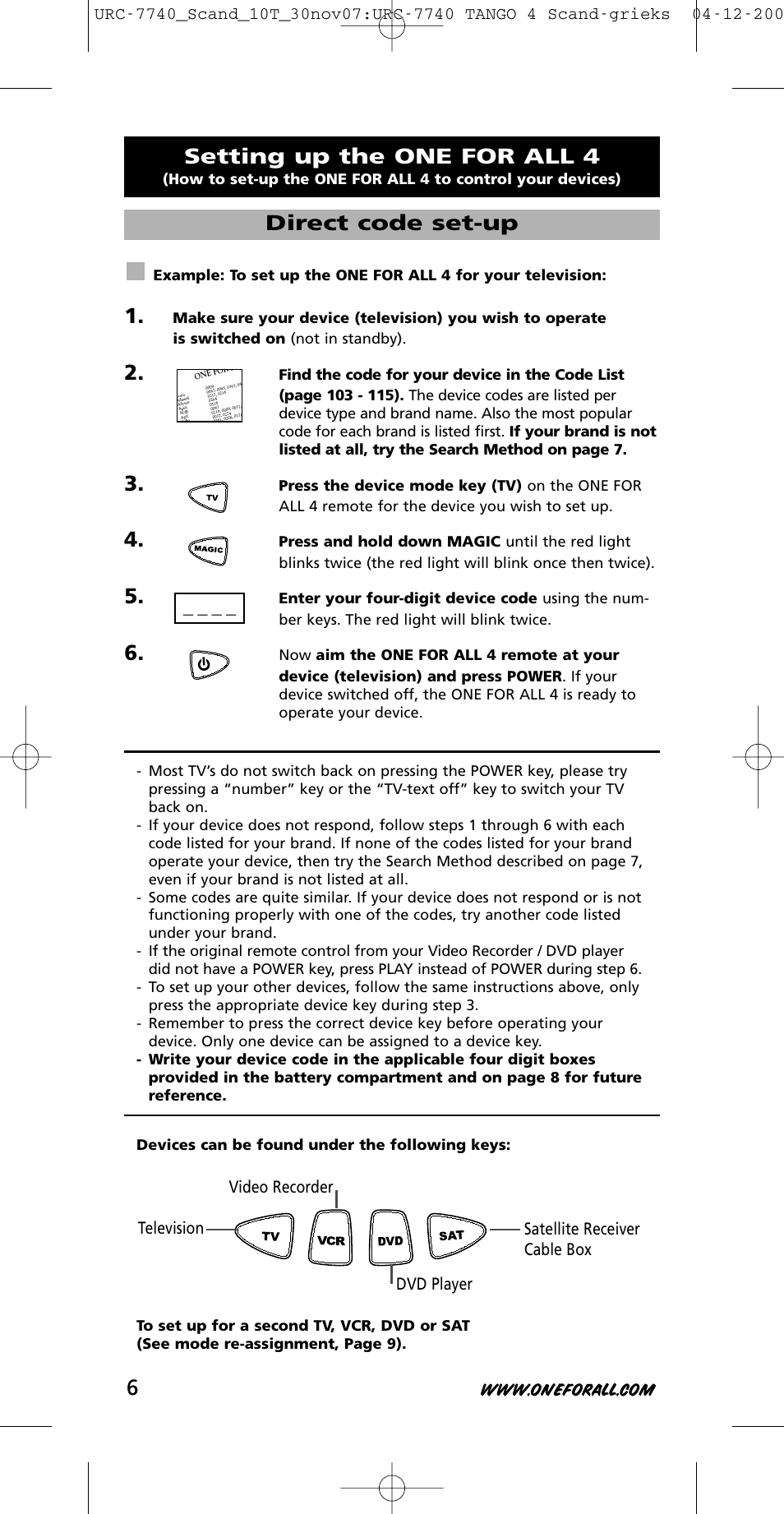 Setting up the one for all 4, Direct code set-up | One for All URC-7740 User Manual | Page 6 / 118