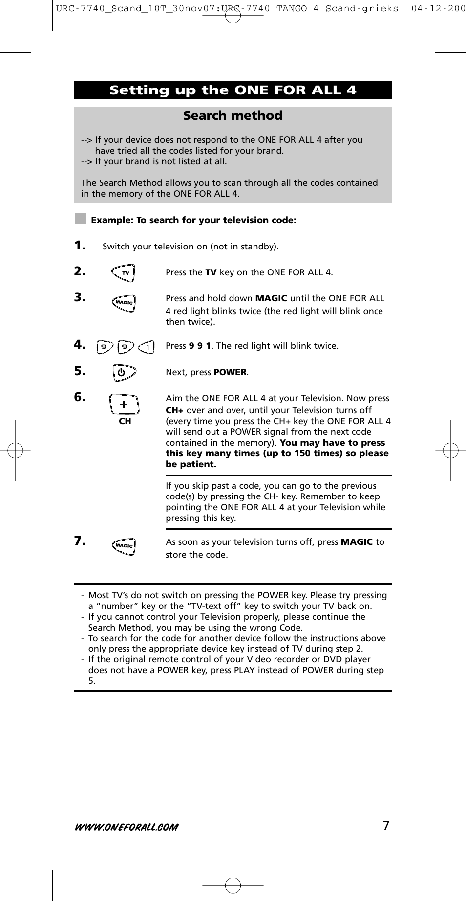 Search method, 7setting up the one for all 4 | One for All URC-7740 User Manual | Page 7 / 118