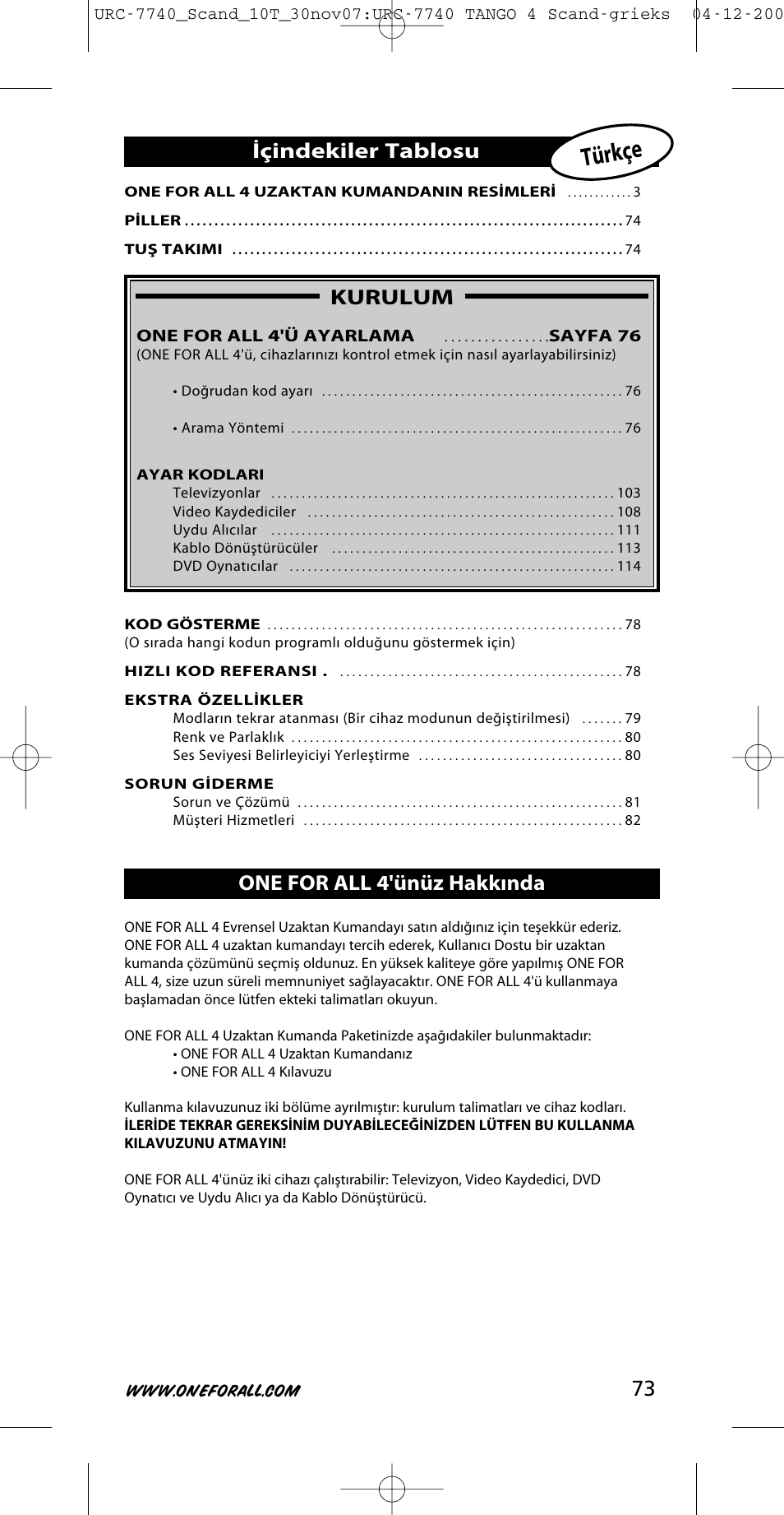 Türkçe, 73 kurulum, Içindekiler tablosu | One for all 4'ünüz hakkında | One for All URC-7740 User Manual | Page 73 / 118