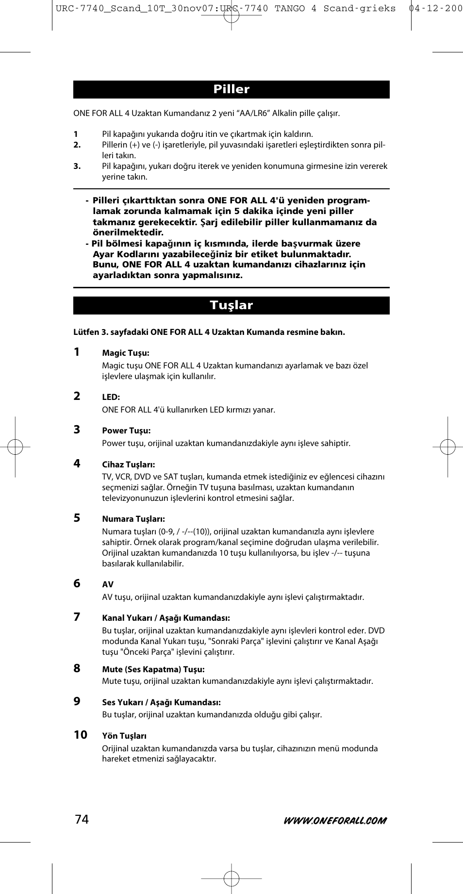 Piller, Tuşlar | One for All URC-7740 User Manual | Page 74 / 118