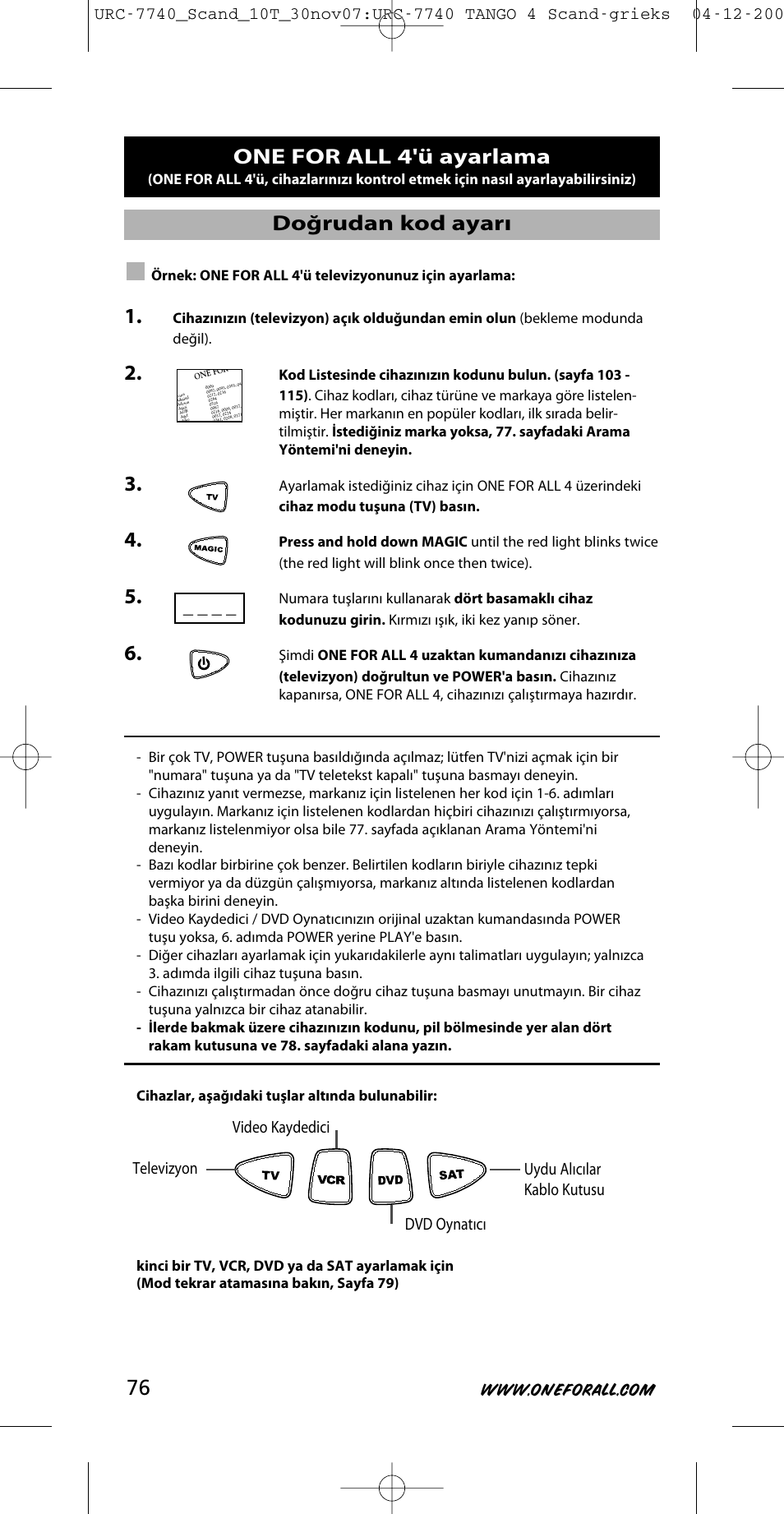 One for all 4'ü ayarlama, Doğrudan kod ayarı | One for All URC-7740 User Manual | Page 76 / 118