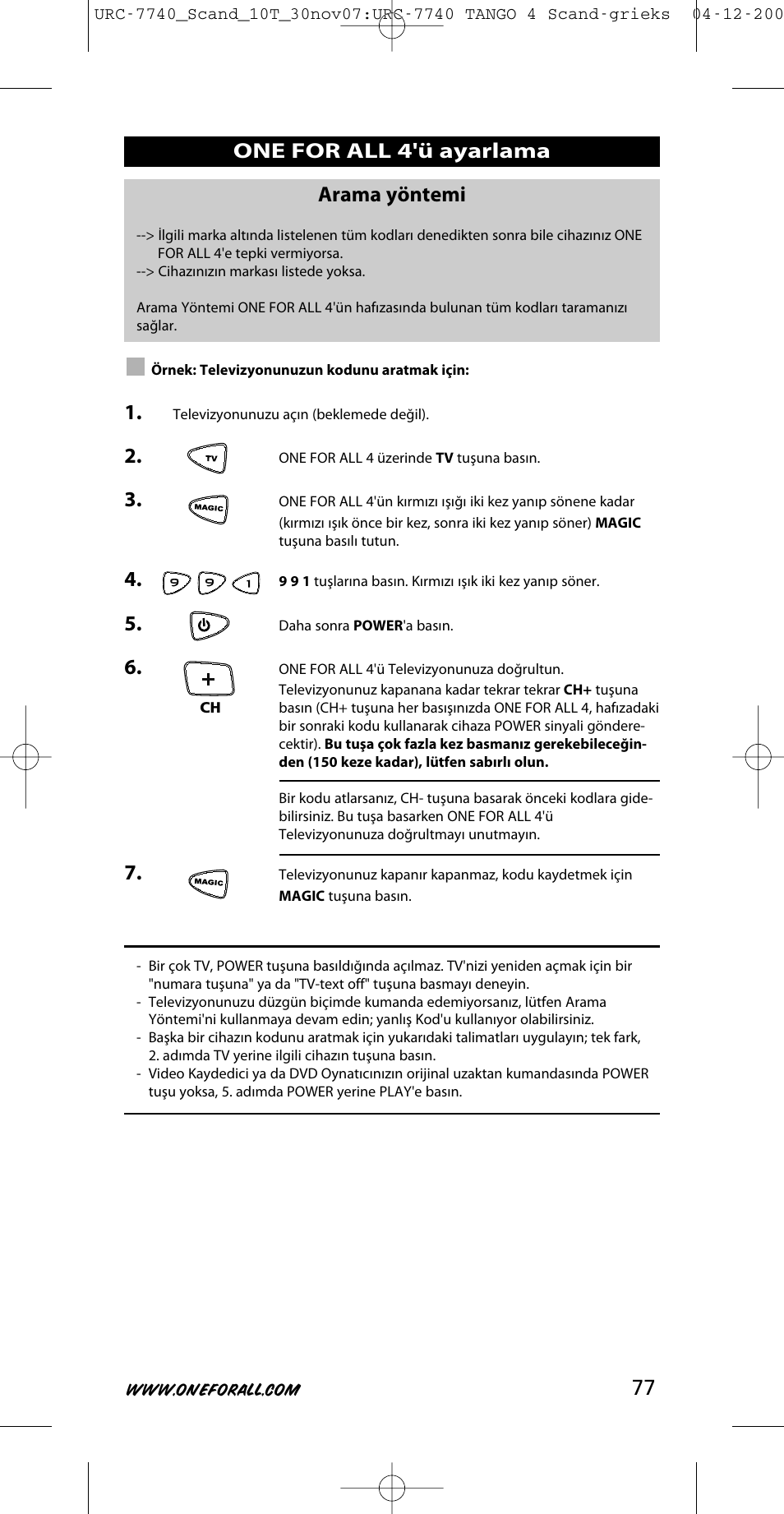 Arama yöntemi, One for all 4'ü ayarlama | One for All URC-7740 User Manual | Page 77 / 118