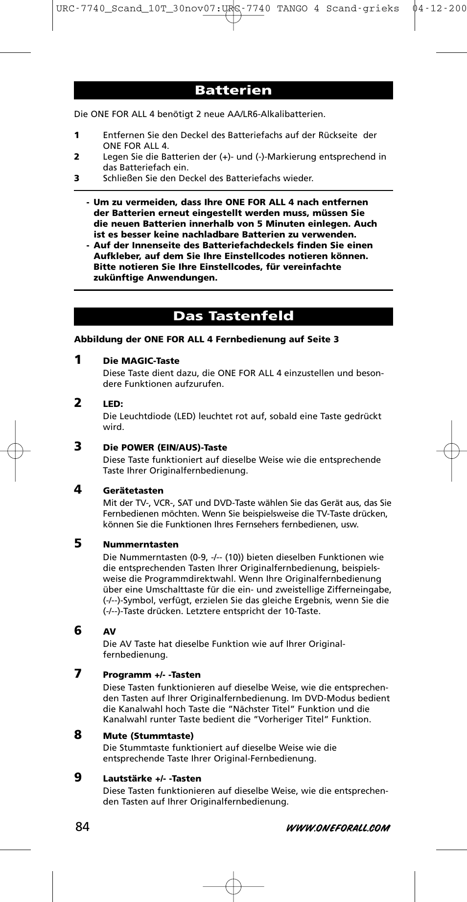 Batterien, Das tastenfeld | One for All URC-7740 User Manual | Page 84 / 118