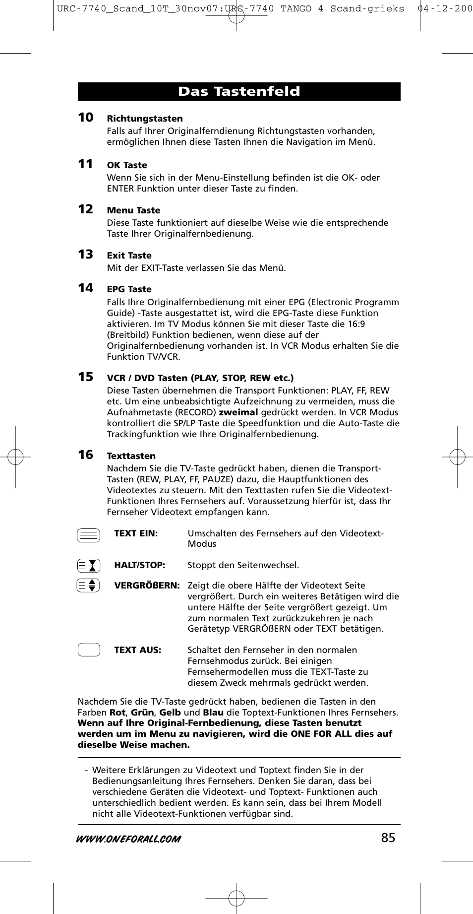 Das tastenfeld | One for All URC-7740 User Manual | Page 85 / 118