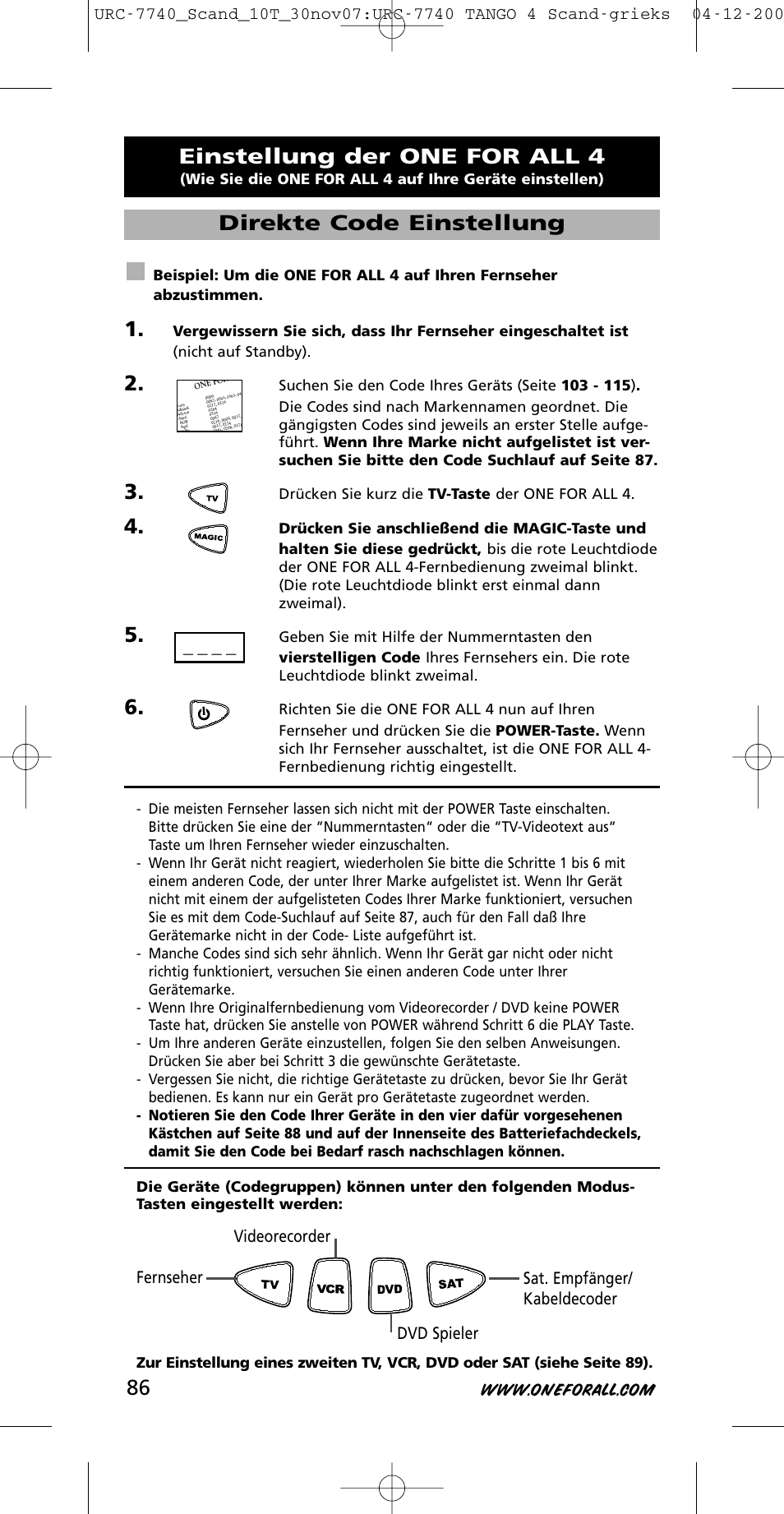 Einstellung der one for all 4, Direkte code einstellung, Drücken sie kurz die tv-taste der one for all 4 | One for All URC-7740 User Manual | Page 86 / 118