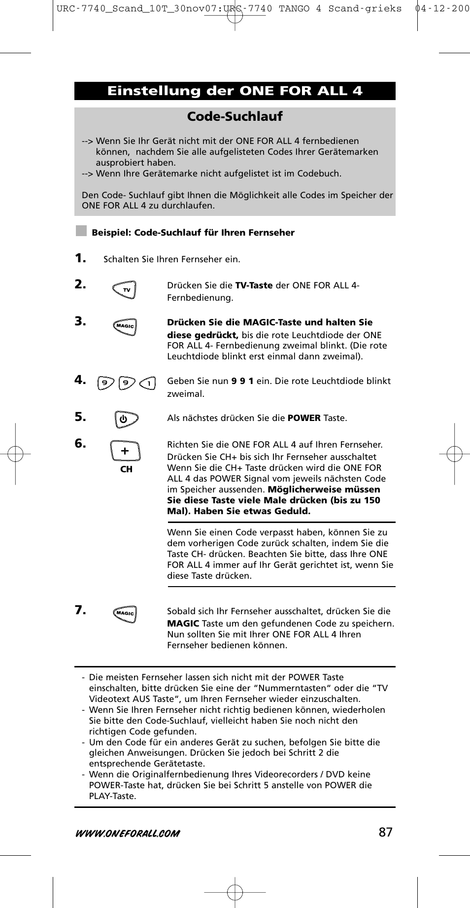 87 code-suchlauf, Einstellung der one for all 4 | One for All URC-7740 User Manual | Page 87 / 118