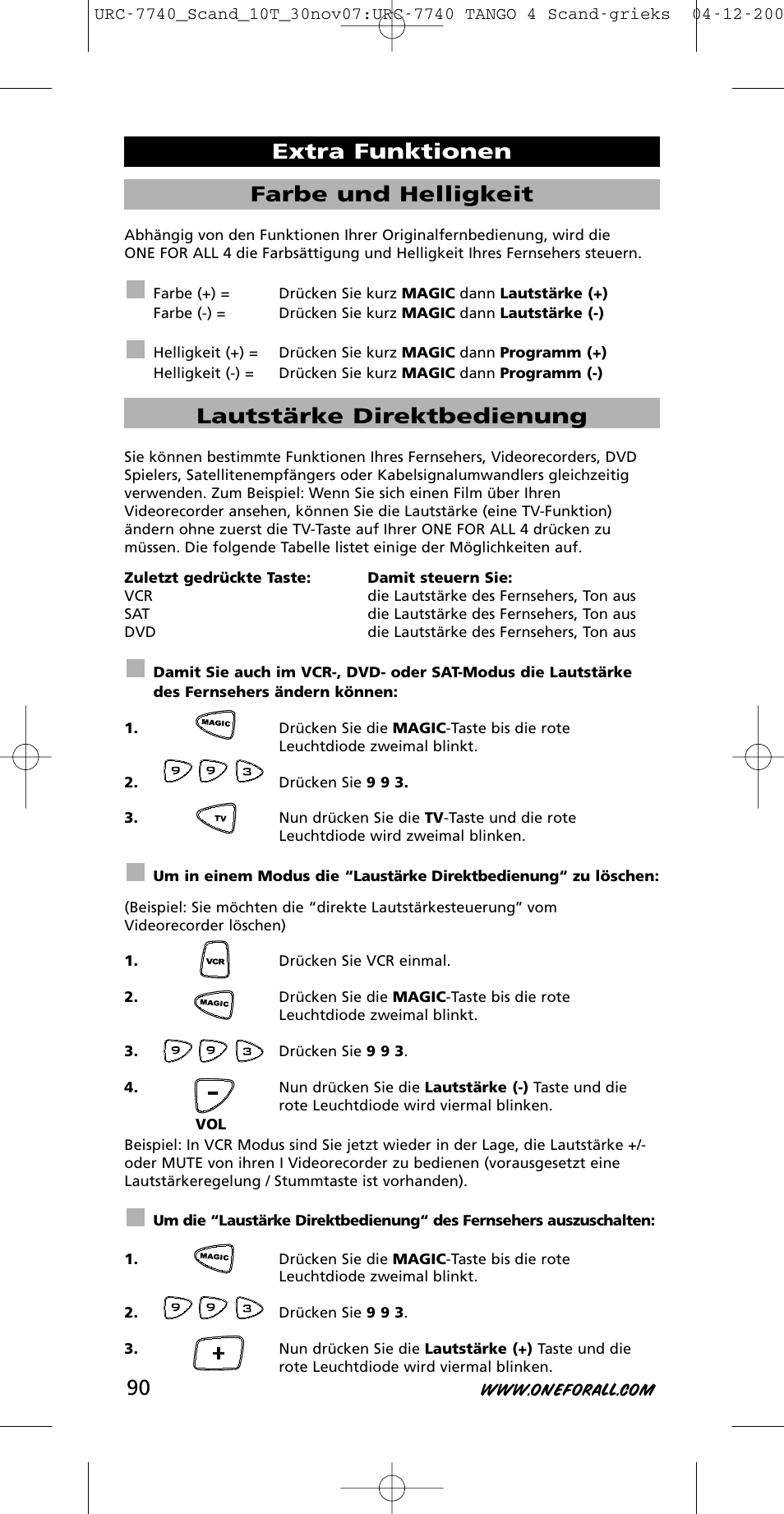 Farbe und helligkeit, Lautstärke direktbedienung, Extra funktionen | One for All URC-7740 User Manual | Page 90 / 118