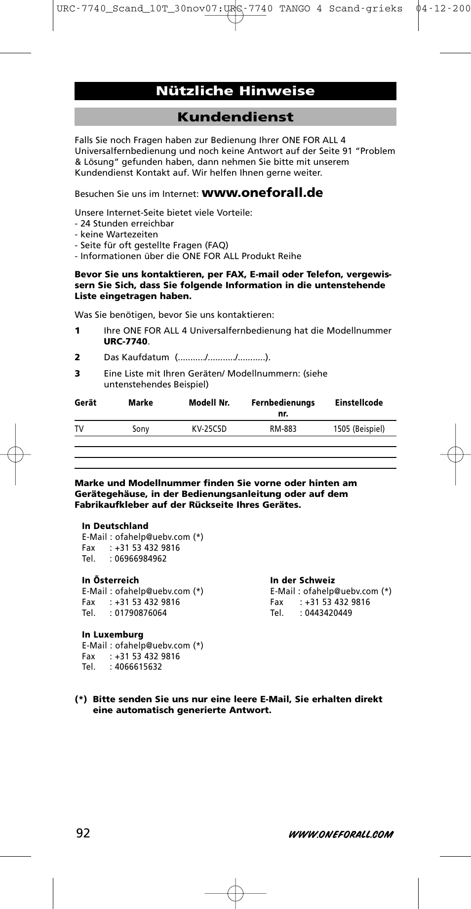 Kundendienst, Nützliche hinweise | One for All URC-7740 User Manual | Page 92 / 118