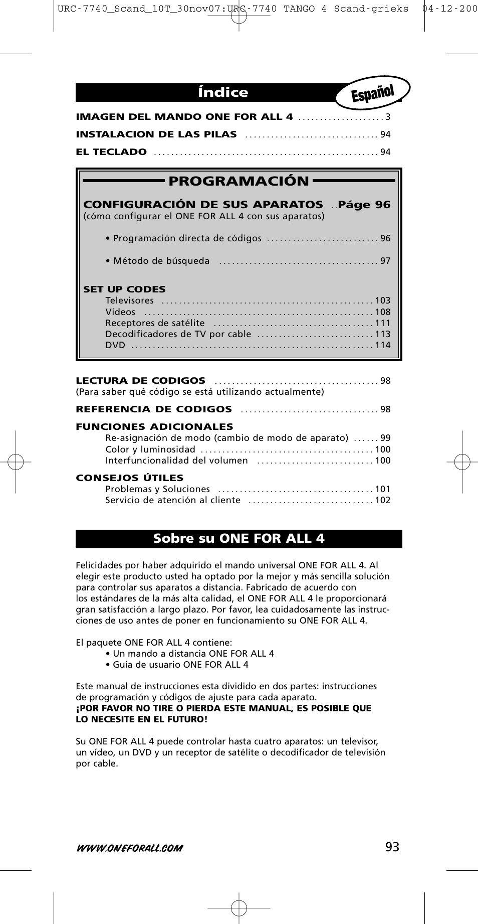 Español, 93 programación, Índice | Sobre su one for all 4 | One for All URC-7740 User Manual | Page 93 / 118