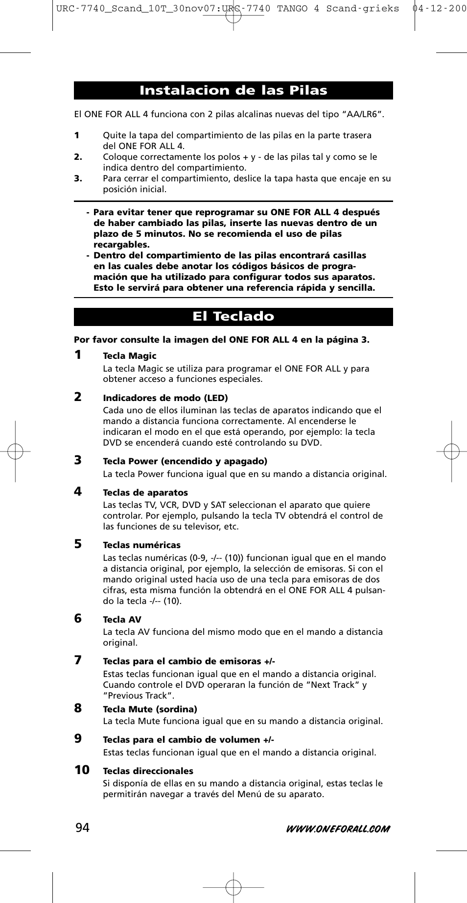 Instalacion de las pilas, El teclado | One for All URC-7740 User Manual | Page 94 / 118