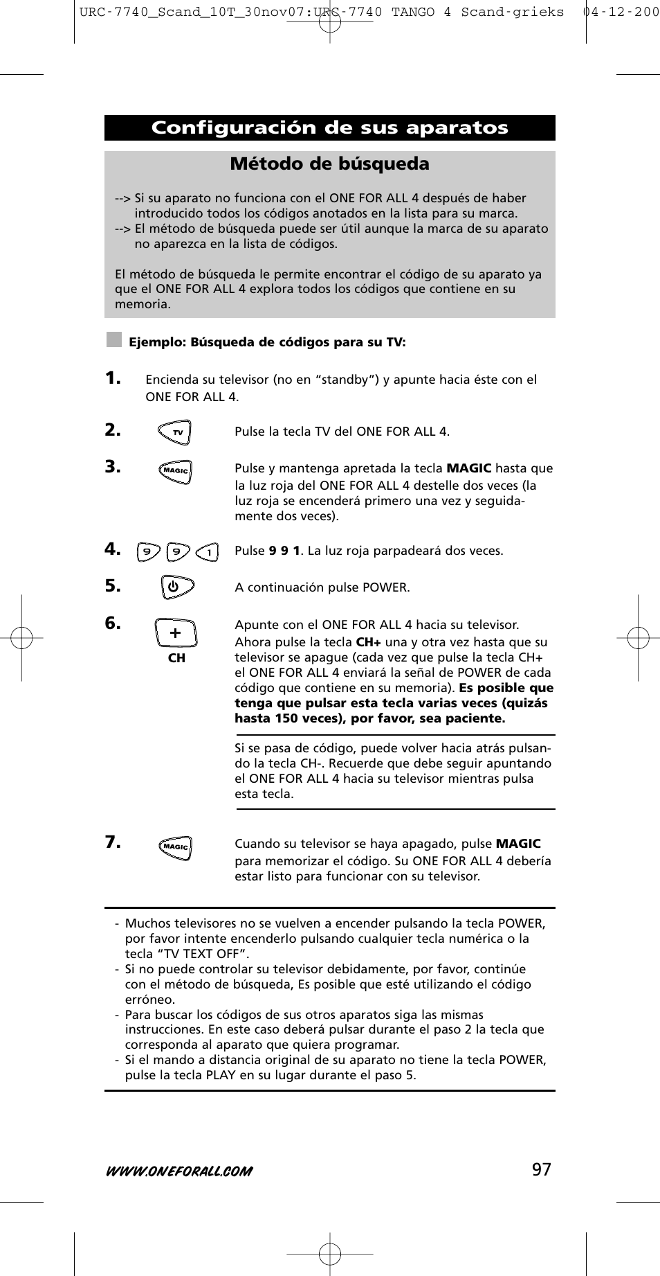 Método de búsqueda, Configuración de sus aparatos | One for All URC-7740 User Manual | Page 97 / 118