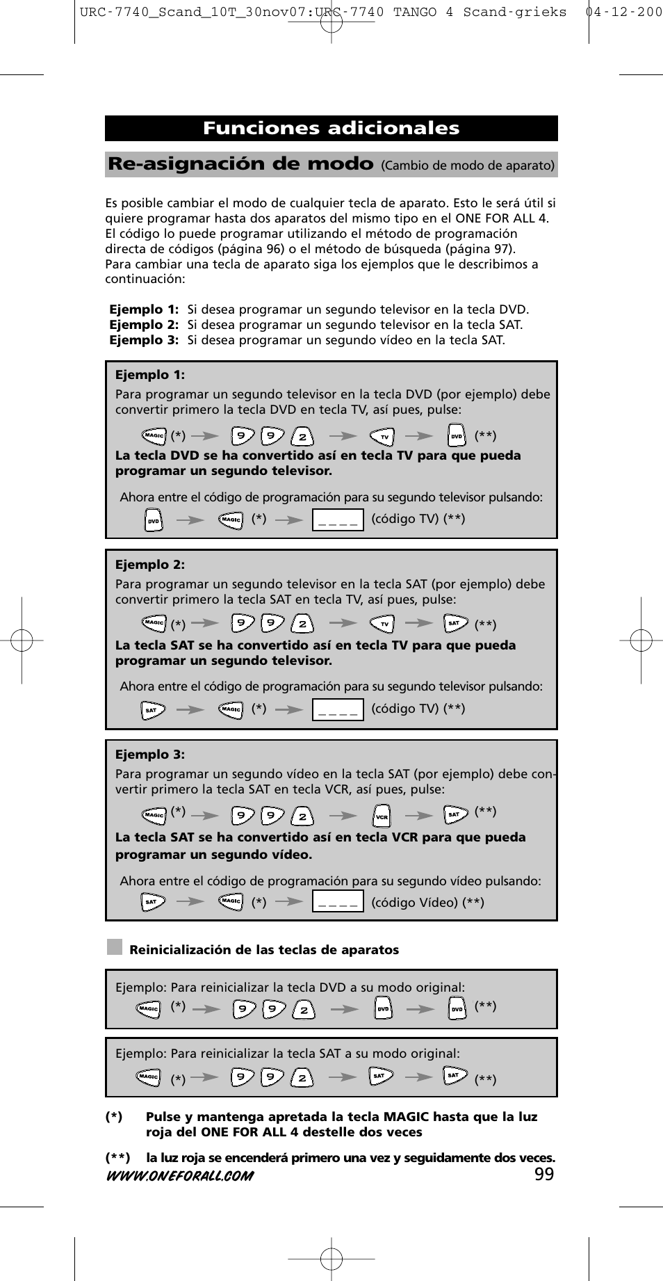 Funciones adicionales re-asignación de modo | One for All URC-7740 User Manual | Page 99 / 118