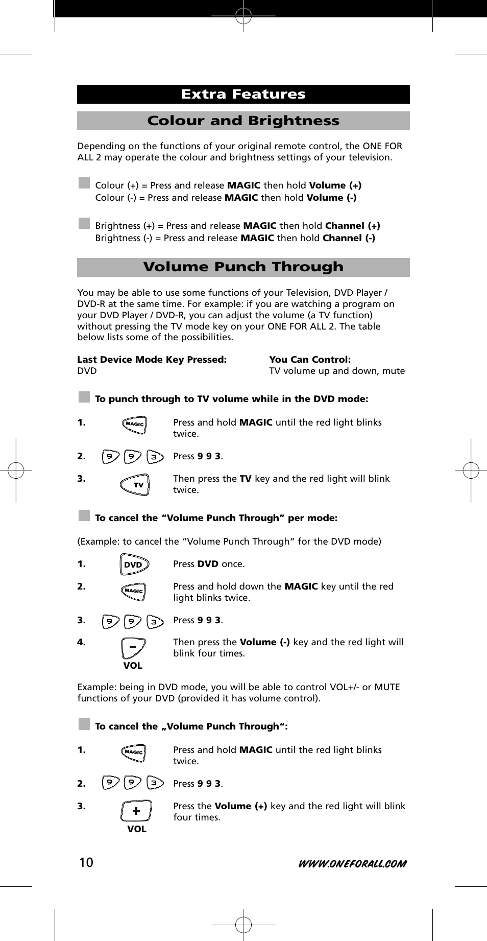 Colour and brightness, Volume punch through, Extra features | One for All URC-7721 User Manual | Page 10 / 116