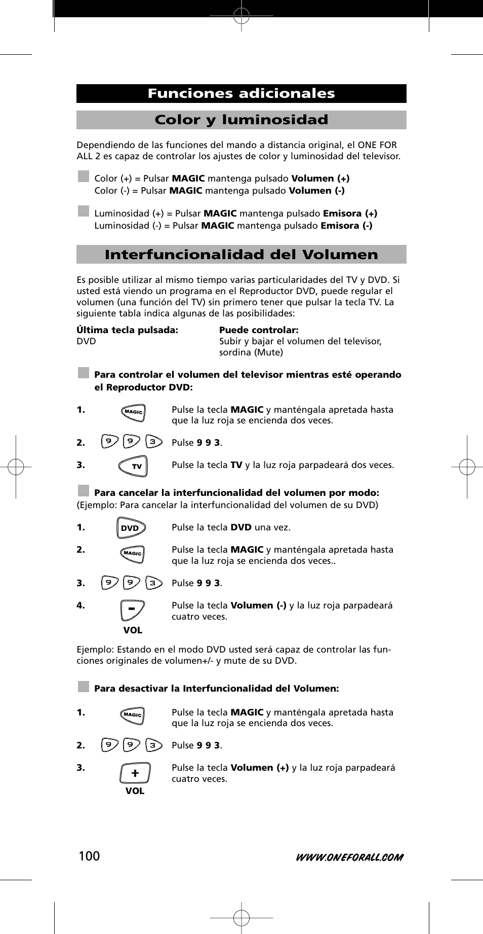 Color y luminosidad, Interfuncionalidad del volumen, Funciones adicionales | One for All URC-7721 User Manual | Page 100 / 116