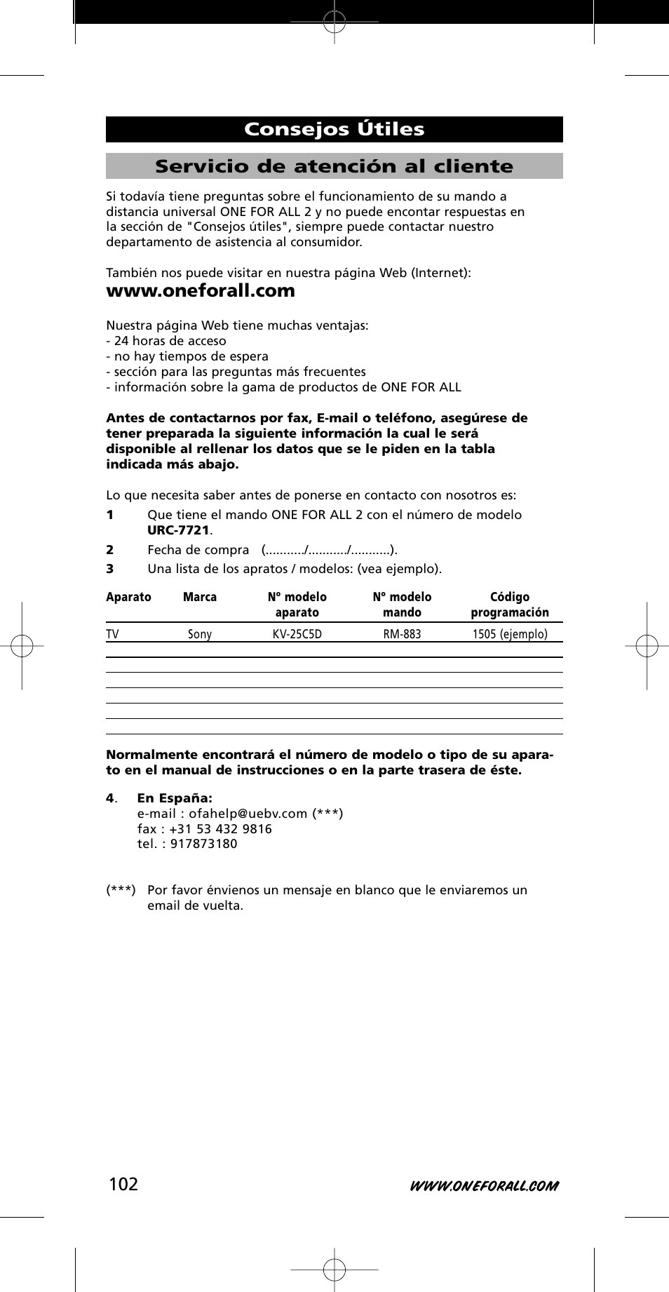 Servicio de atención al cliente, Consejos útiles | One for All URC-7721 User Manual | Page 102 / 116