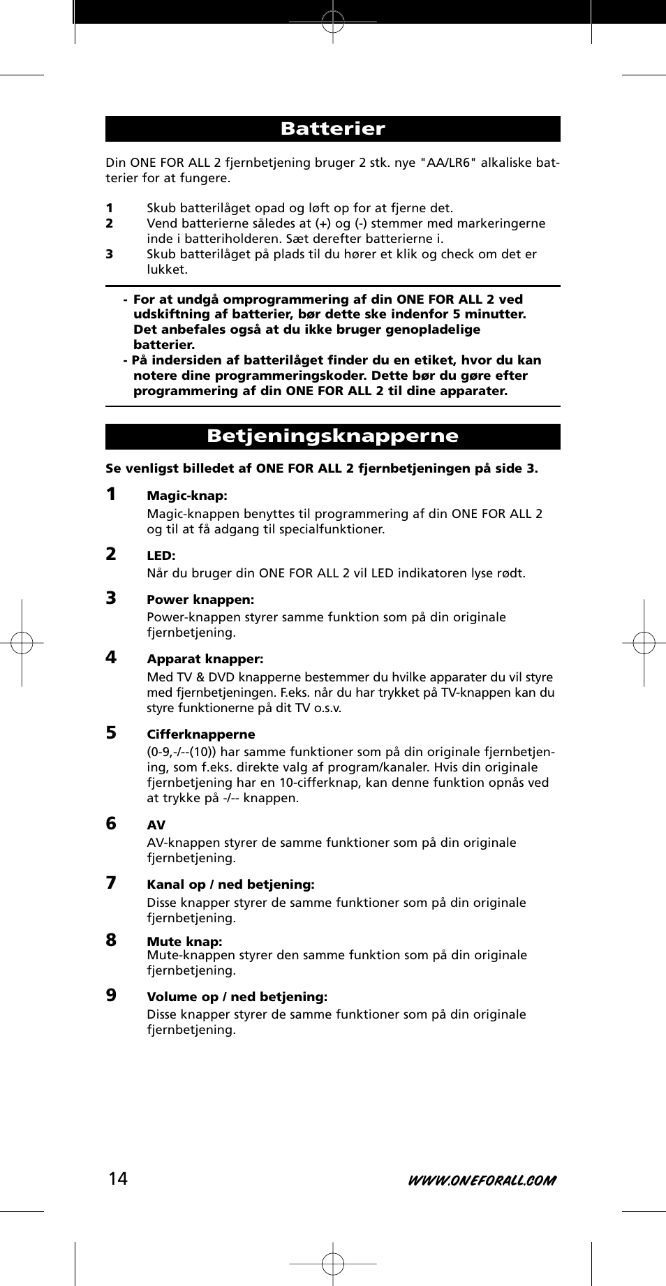 Batterier, Betjeningsknapperne | One for All URC-7721 User Manual | Page 14 / 116