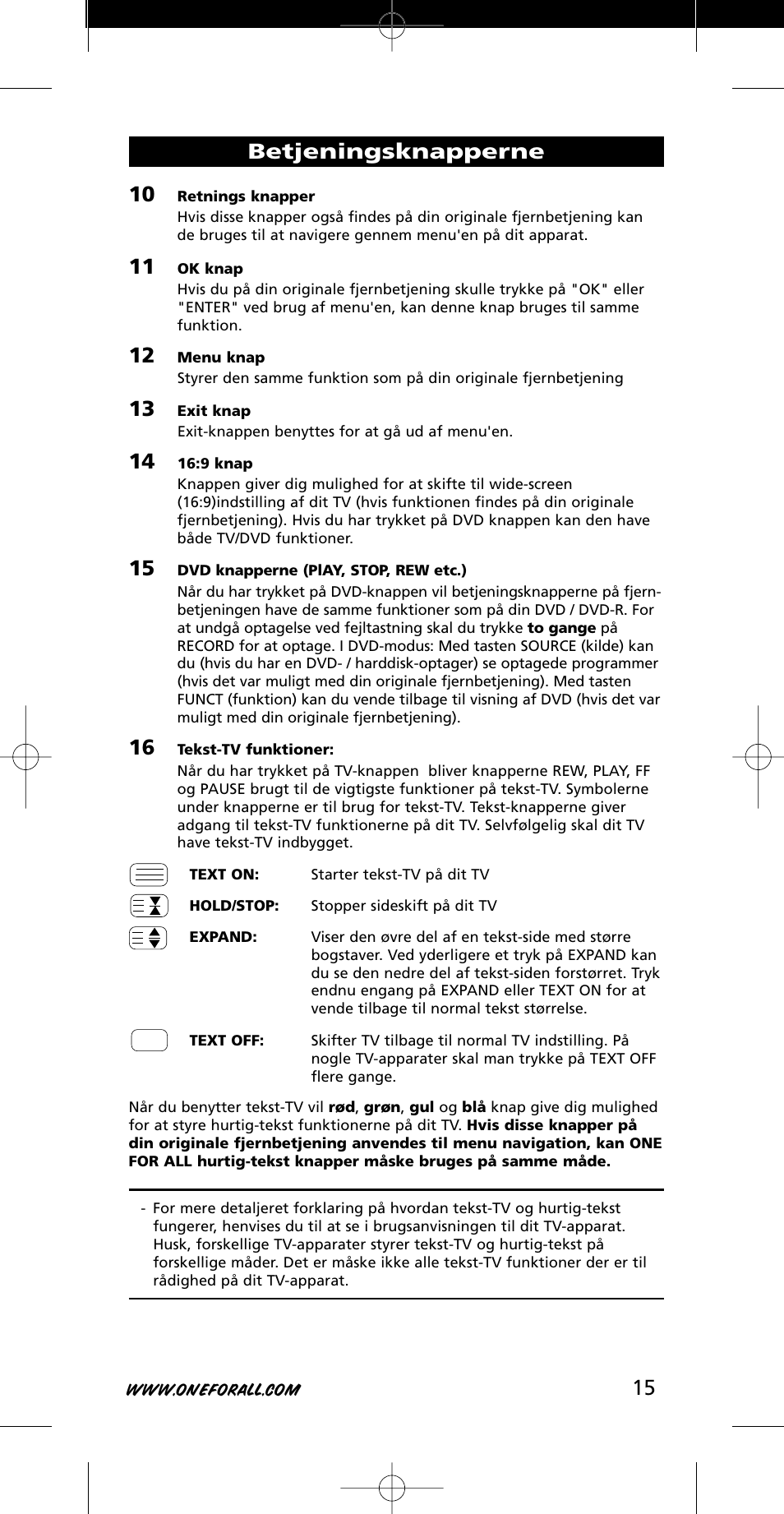 Betjeningsknapperne | One for All URC-7721 User Manual | Page 15 / 116