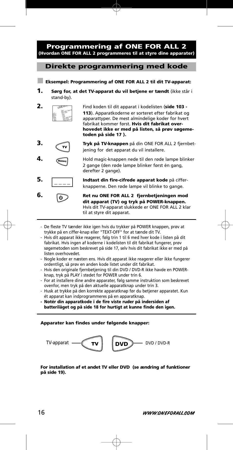 Programmering af one for all 2, Direkte programmering med kode, Tv-apparat | Dvd / dvd-r | One for All URC-7721 User Manual | Page 16 / 116