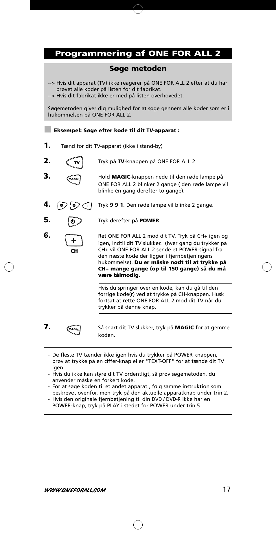 17 søge metoden, Programmering af one for all 2 | One for All URC-7721 User Manual | Page 17 / 116