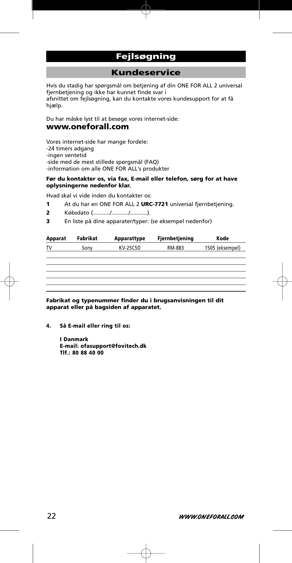 Kundeservice, Fejlsøgning | One for All URC-7721 User Manual | Page 22 / 116