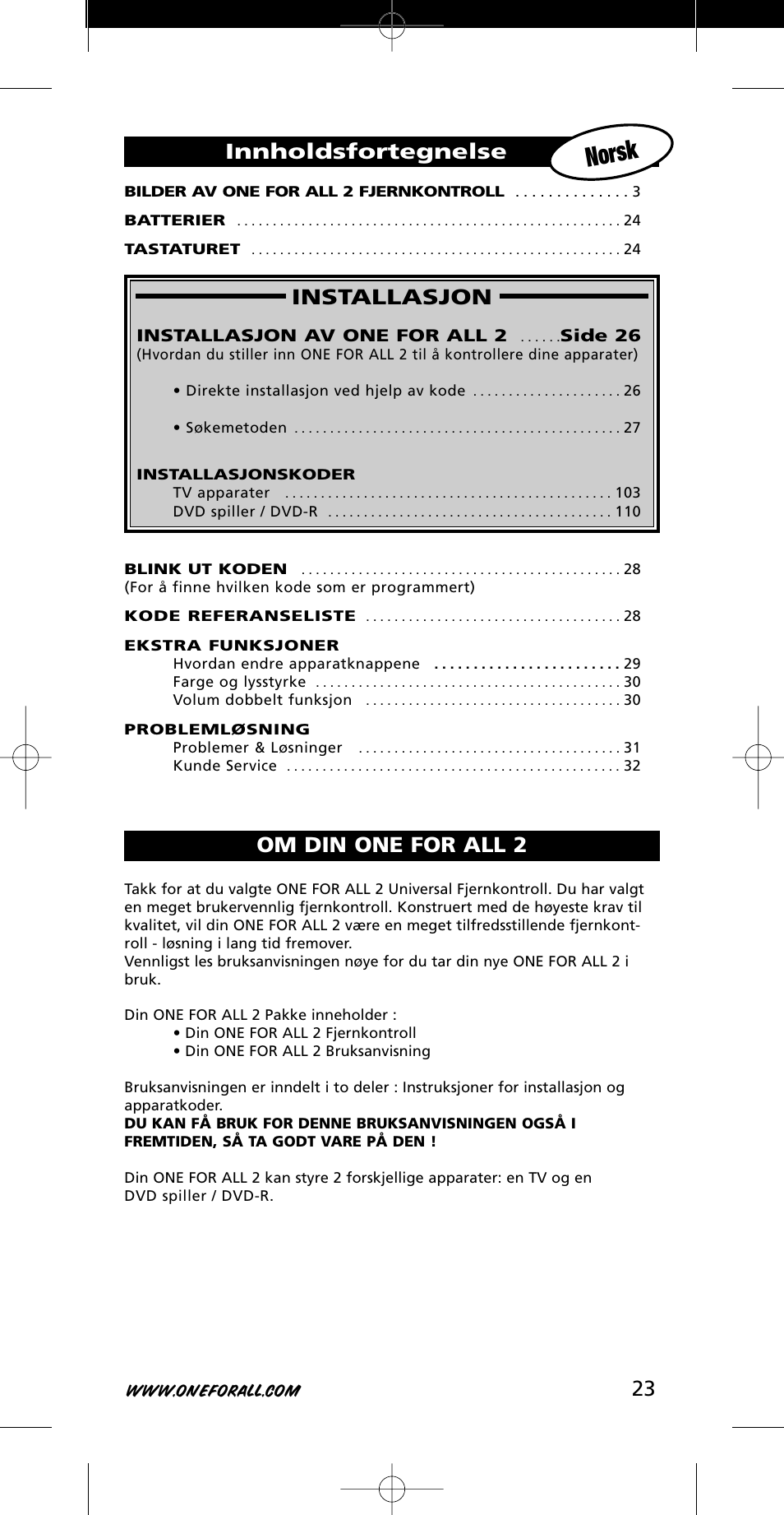 Norsk, 23 installasjon, Innholdsfortegnelse | Om din one for all 2 | One for All URC-7721 User Manual | Page 23 / 116