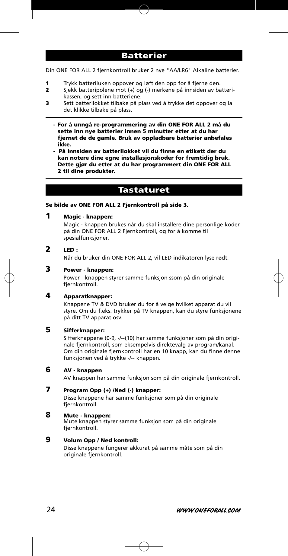 Batterier, Tastaturet | One for All URC-7721 User Manual | Page 24 / 116