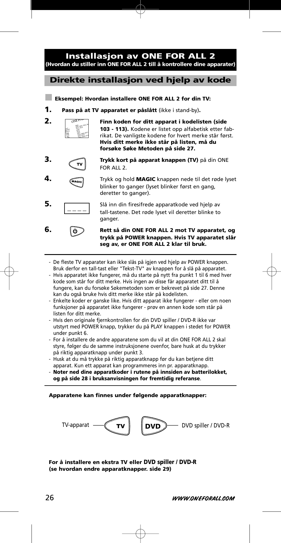 Installasjon av one for all 2, Direkte installasjon ved hjelp av kode, Dvd spiller / dvd-r | One for All URC-7721 User Manual | Page 26 / 116