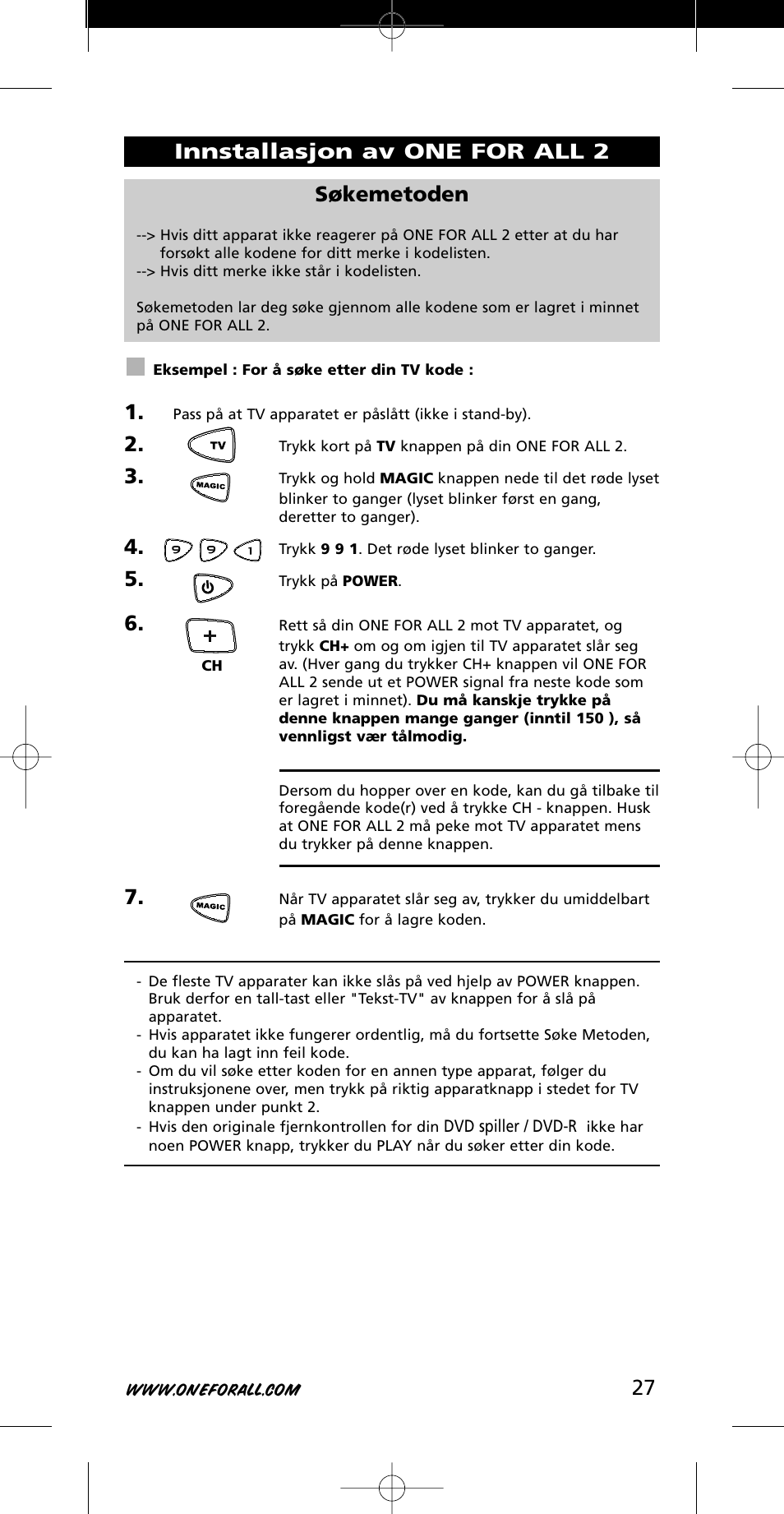 27 søkemetoden, Innstallasjon av one for all 2 | One for All URC-7721 User Manual | Page 27 / 116