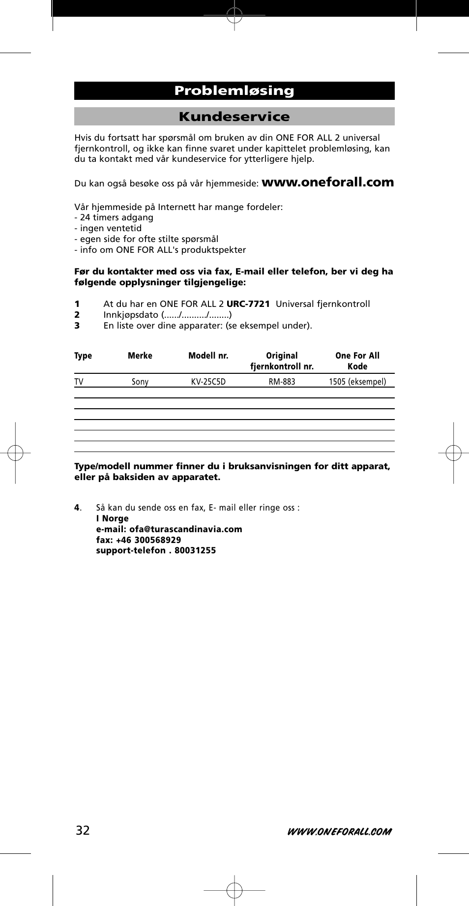 Kundeservice, Problemløsing | One for All URC-7721 User Manual | Page 32 / 116