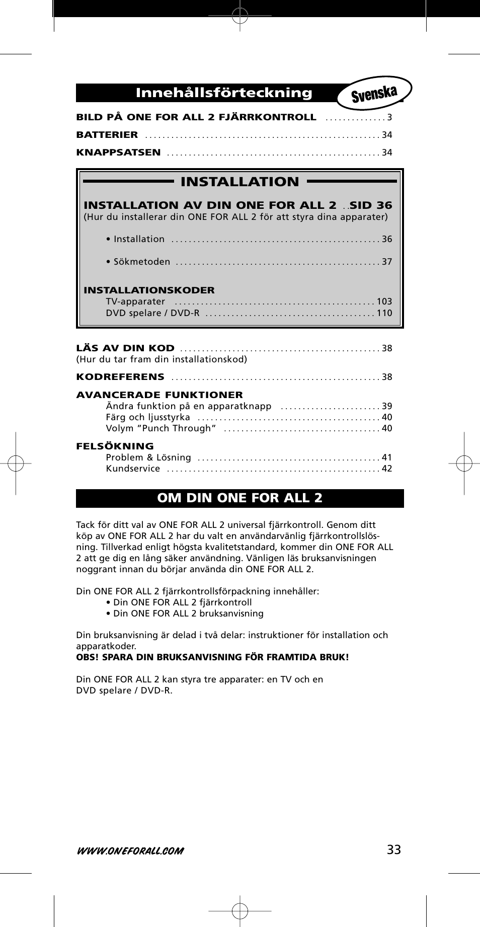 Svenska, 33 installation, Innehållsförteckning | Om din one for all 2 | One for All URC-7721 User Manual | Page 33 / 116