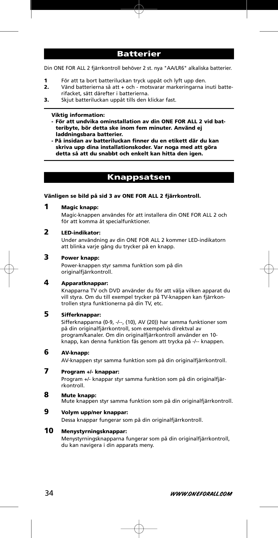 Batterier, Knappsatsen | One for All URC-7721 User Manual | Page 34 / 116