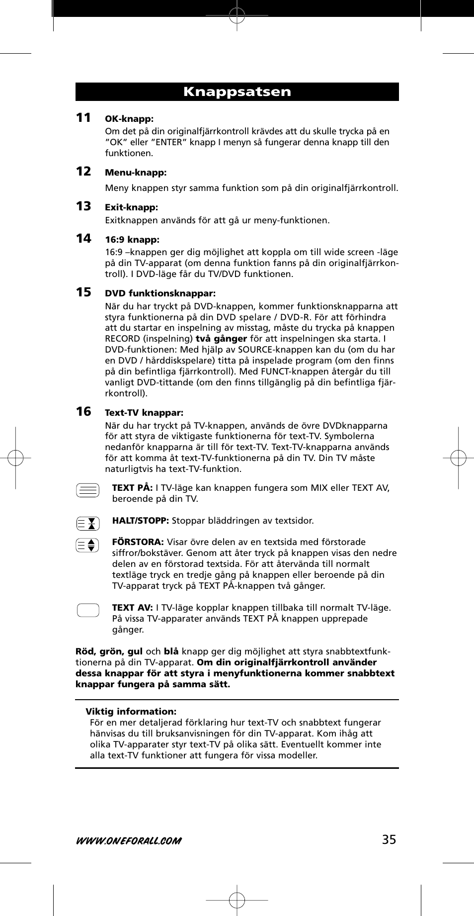 Knappsatsen | One for All URC-7721 User Manual | Page 35 / 116