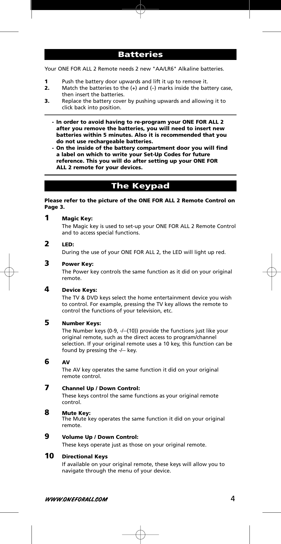 Batteries, The keypad | One for All URC-7721 User Manual | Page 4 / 116