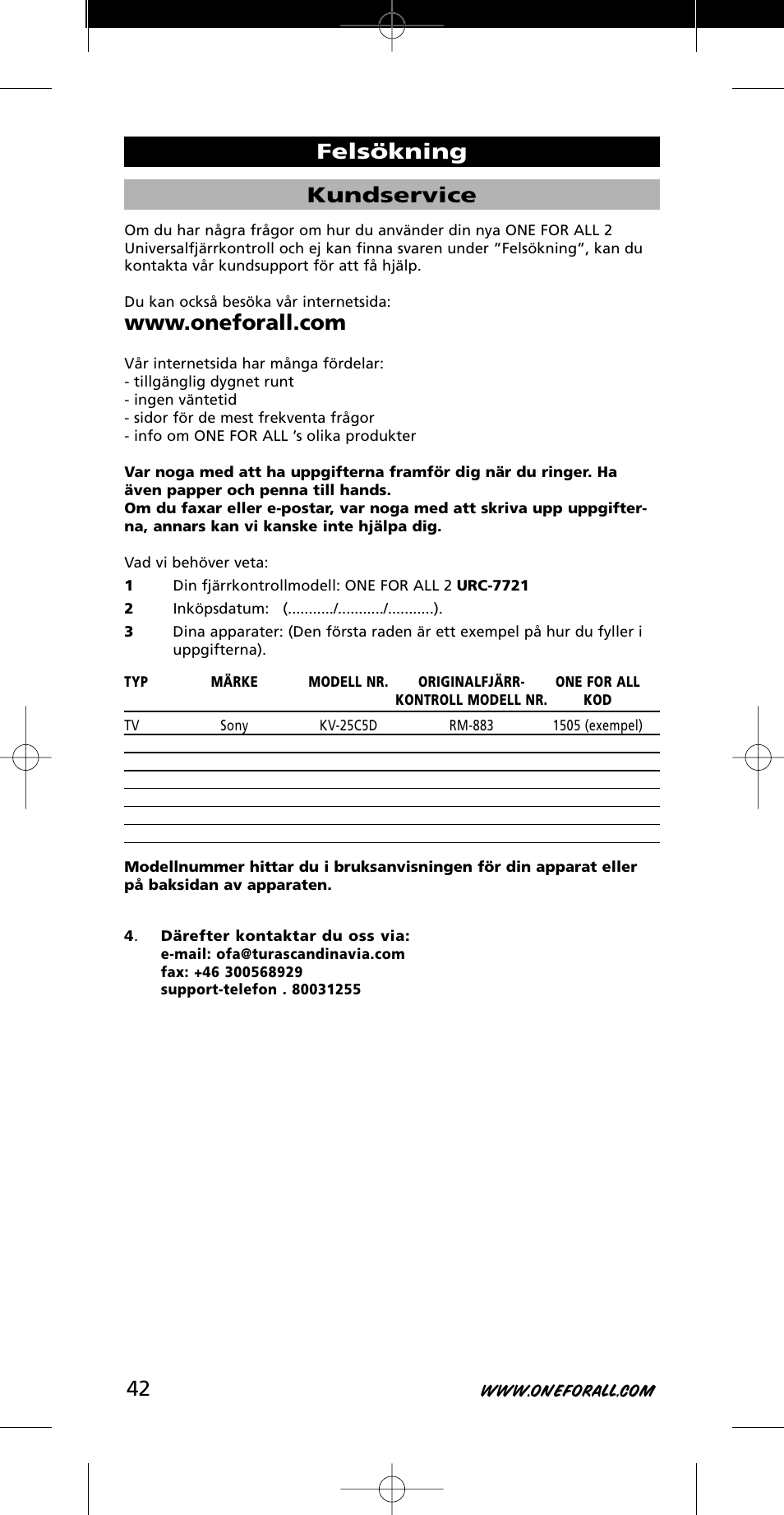 Kundservice, Felsökning | One for All URC-7721 User Manual | Page 42 / 116