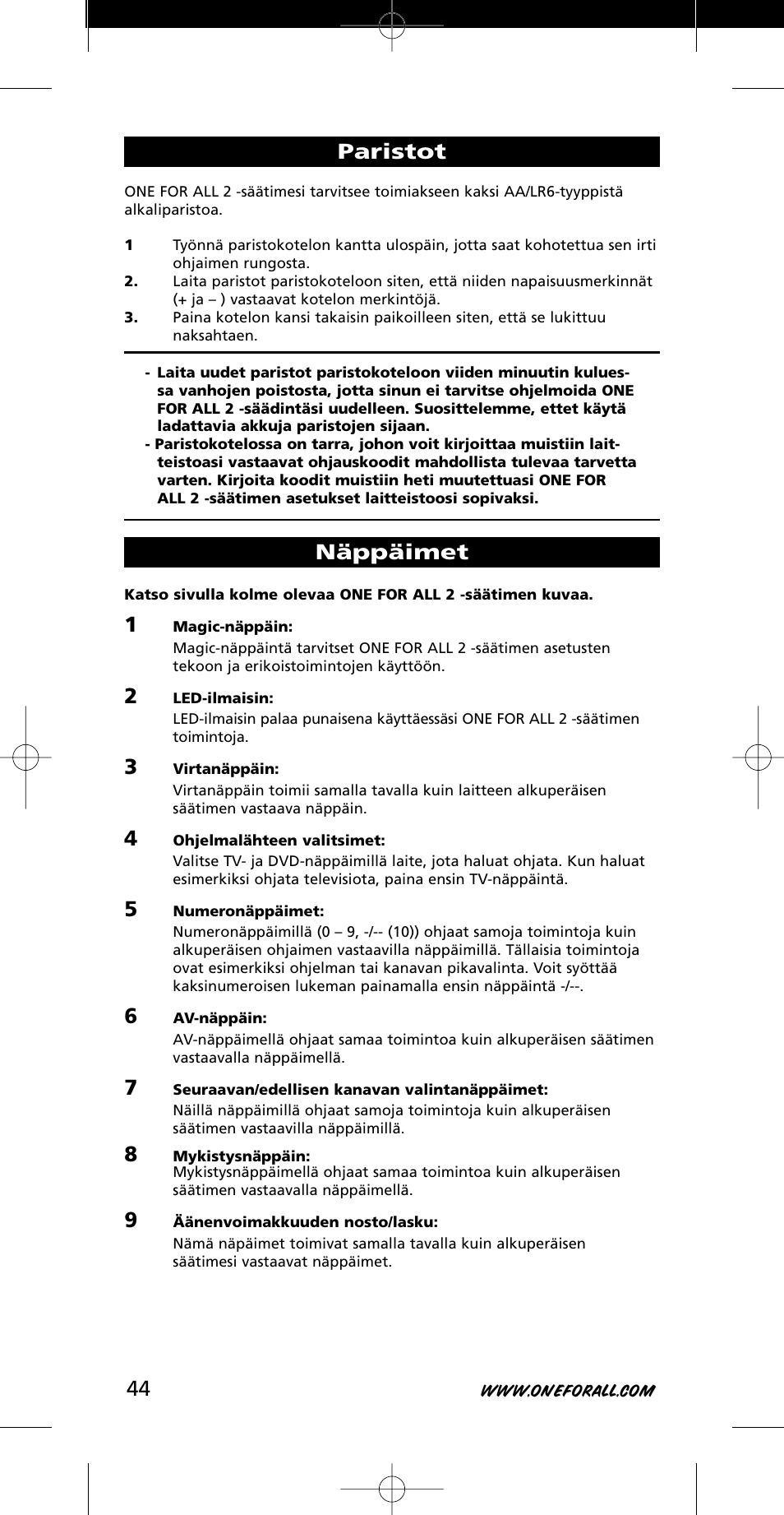 Paristot, Näppäimet | One for All URC-7721 User Manual | Page 44 / 116