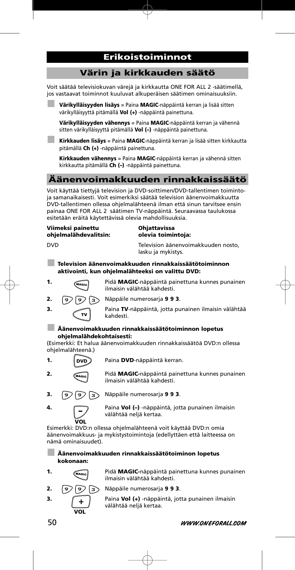 Äänenvoimakkuuden rinnakkaissäätö, Erikoistoiminnot värin ja kirkkauden säätö | One for All URC-7721 User Manual | Page 50 / 116