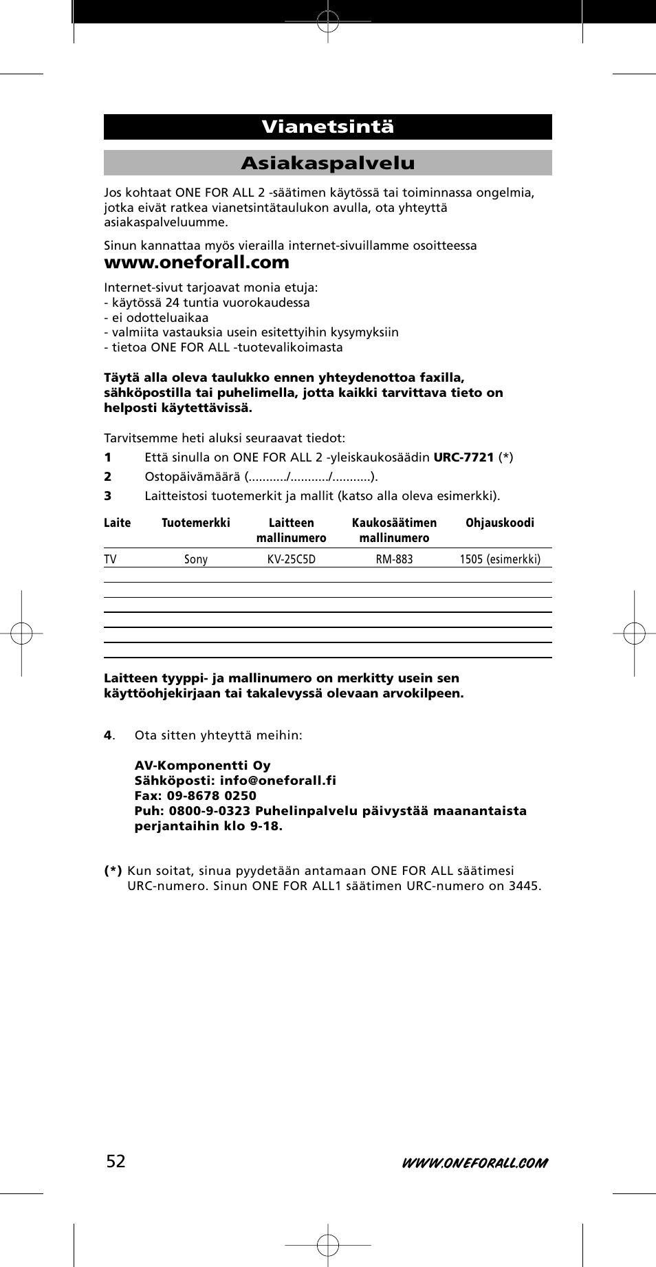 Asiakaspalvelu, Vianetsintä | One for All URC-7721 User Manual | Page 52 / 116