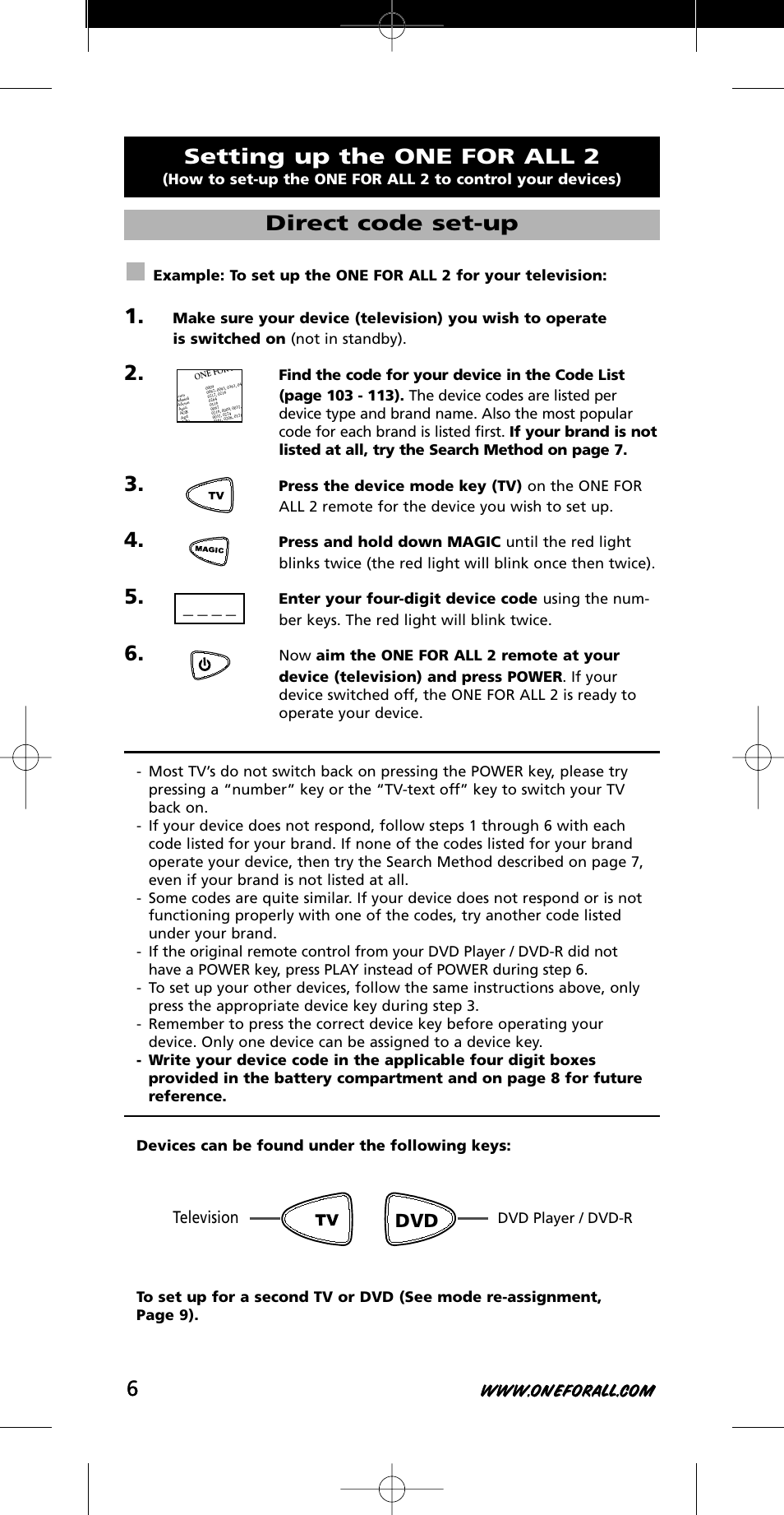 Setting up the one for all 2, Direct code set-up, Television | Dvd player / dvd-r | One for All URC-7721 User Manual | Page 6 / 116