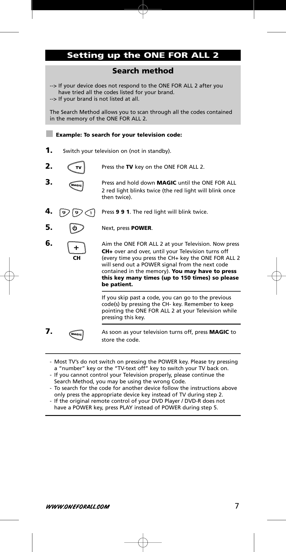 Search method, 7setting up the one for all 2 | One for All URC-7721 User Manual | Page 7 / 116