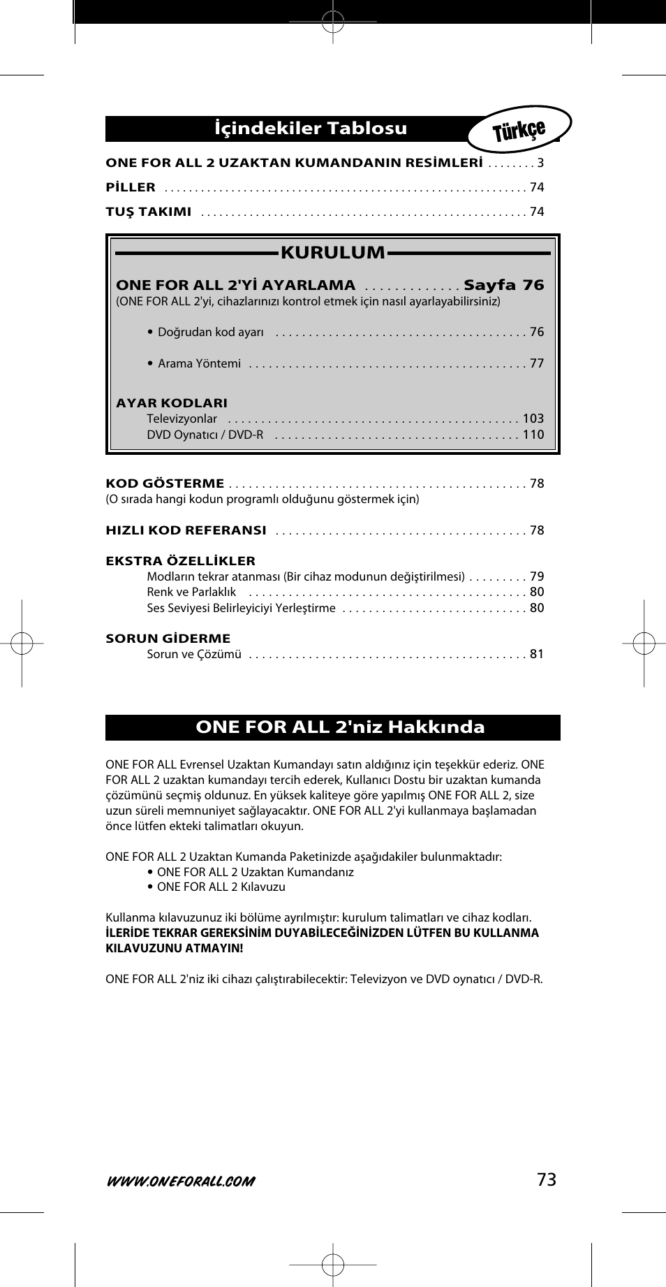 Türkçe, 73 kurulum, Içindekiler tablosu | One for all 2'niz hakkında | One for All URC-7721 User Manual | Page 73 / 116