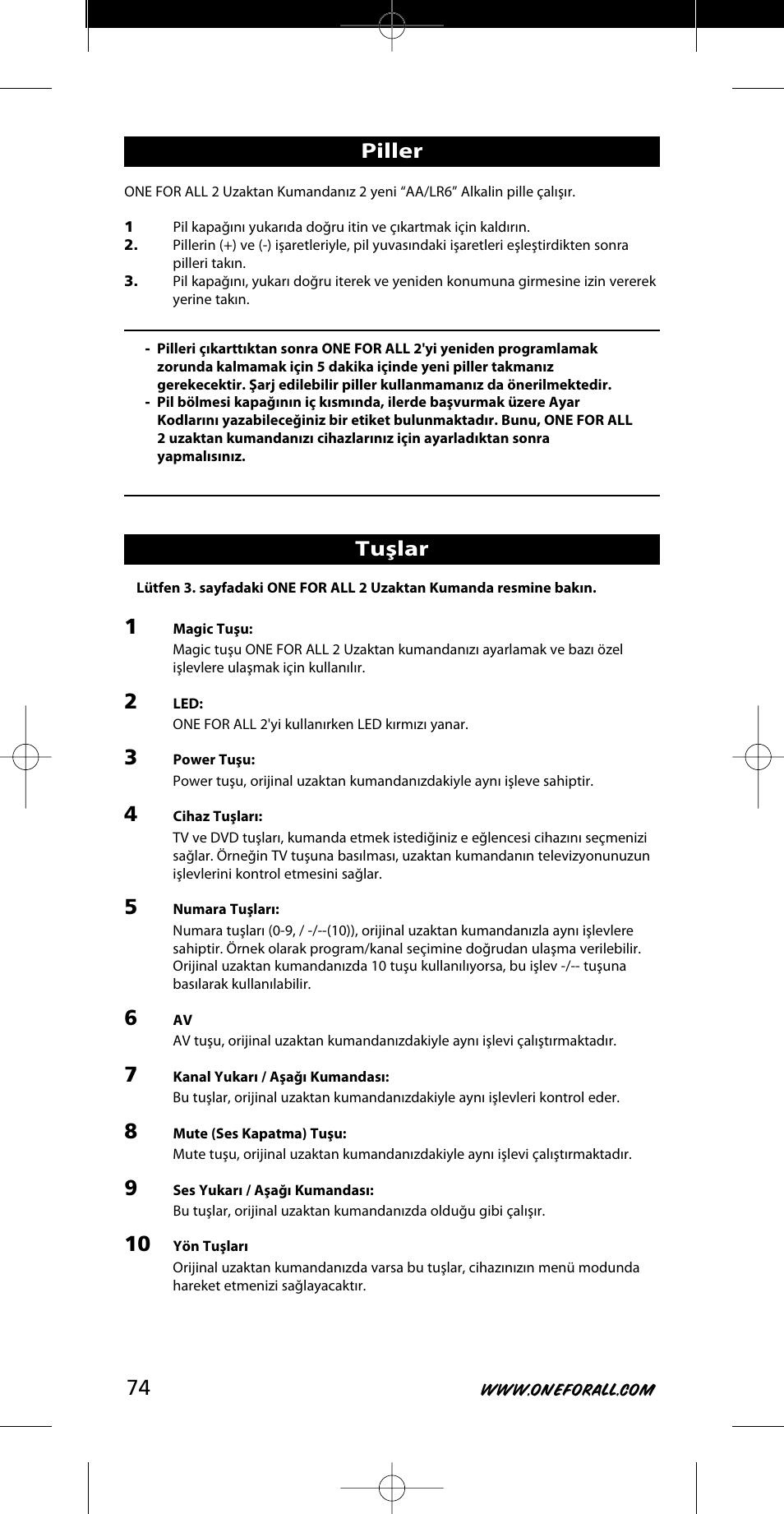 Piller, Tuşlar | One for All URC-7721 User Manual | Page 74 / 116