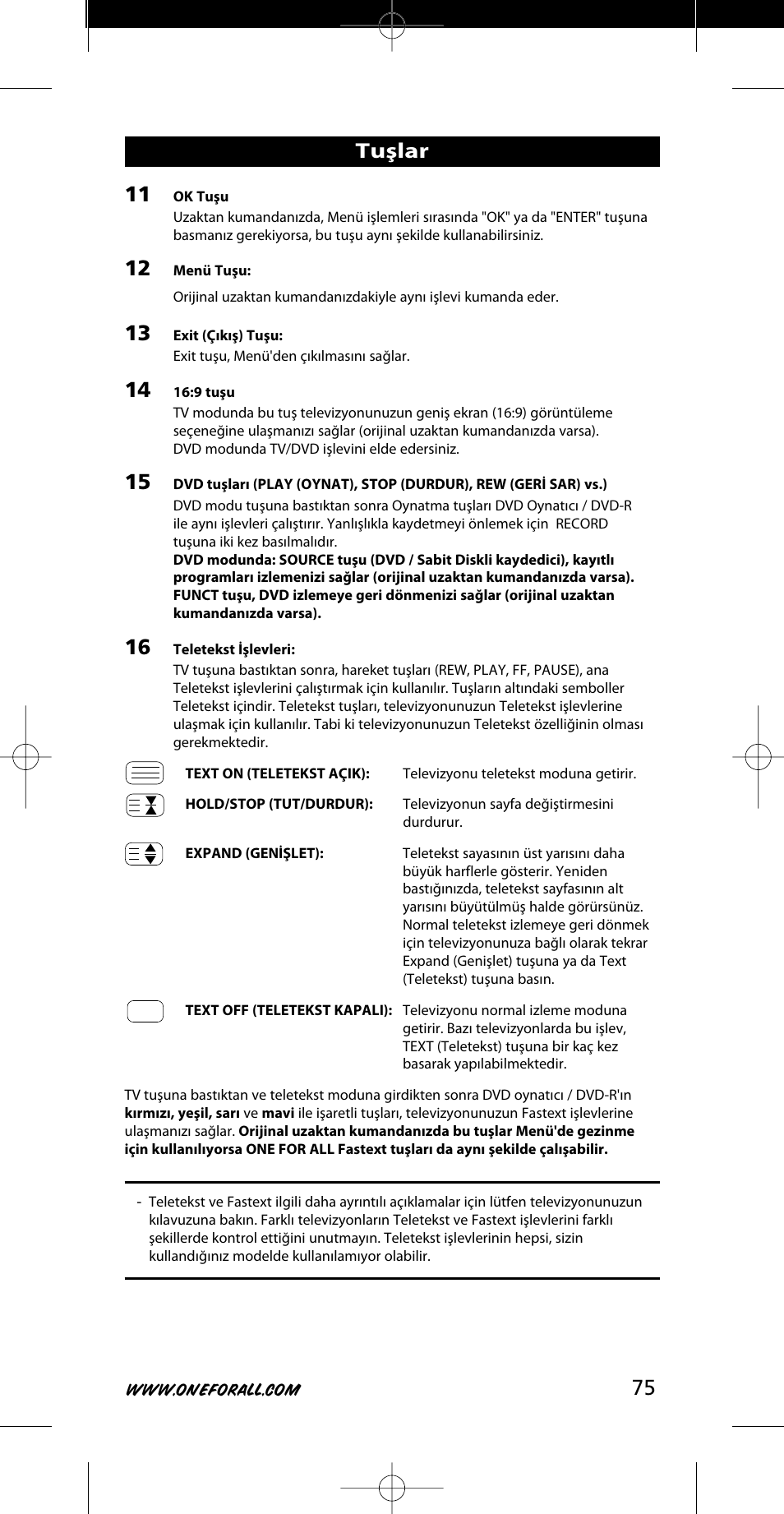 Tuşlar | One for All URC-7721 User Manual | Page 75 / 116