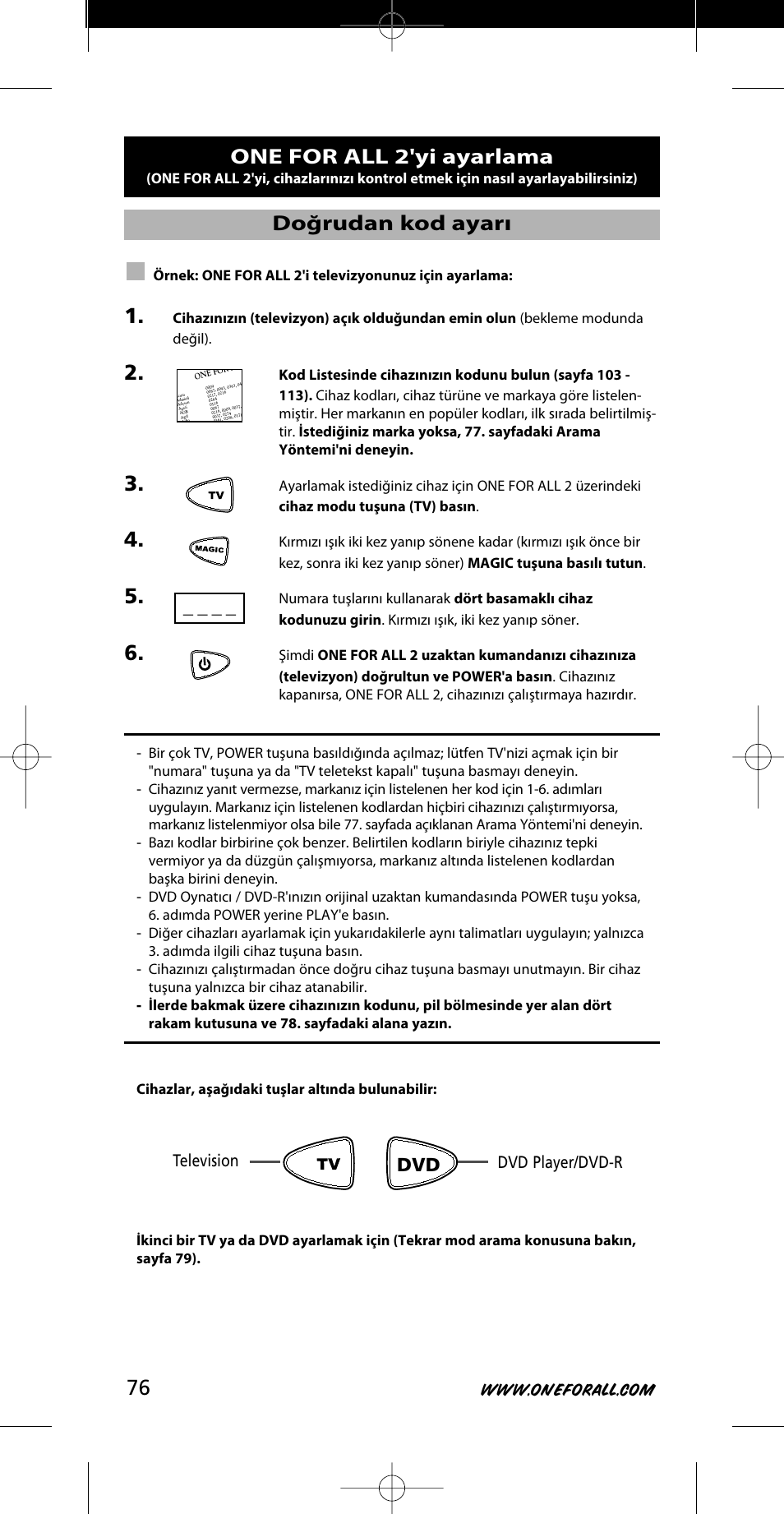 One for all 2'yi ayarlama, Doğrudan kod ayarı | One for All URC-7721 User Manual | Page 76 / 116