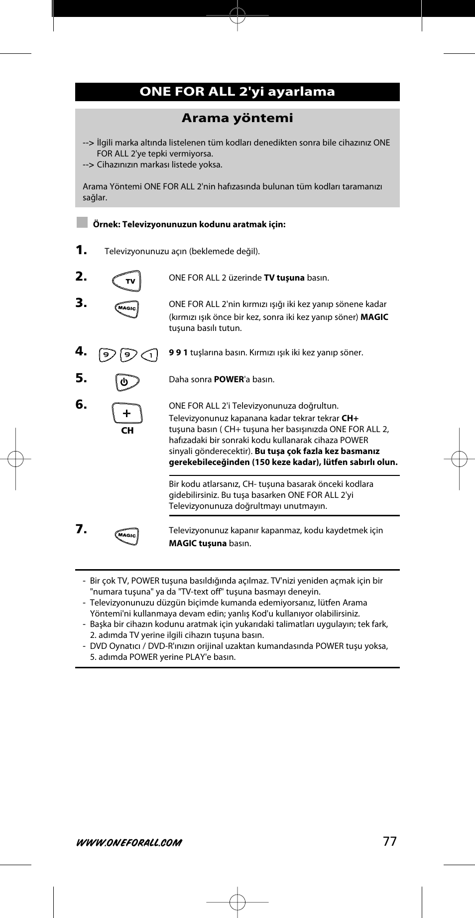 77 arama yöntemi, One for all 2'yi ayarlama | One for All URC-7721 User Manual | Page 77 / 116