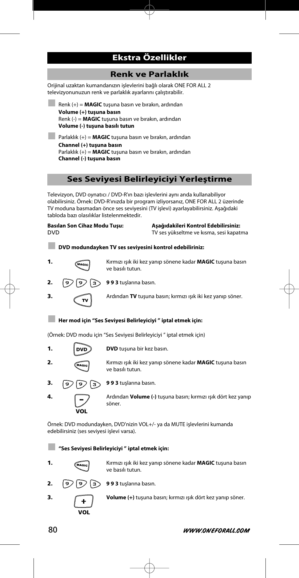 Renk ve parlaklık, Ses seviyesi belirleyiciyi yerleştirme, Ekstra özellikler | One for All URC-7721 User Manual | Page 80 / 116